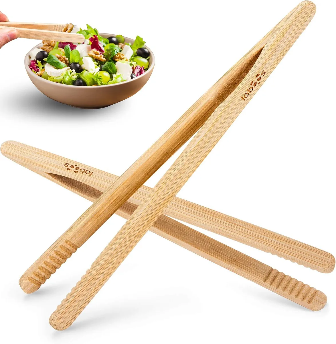 Two natural bamboo toast tongs, 22.4 cm long, polished finish