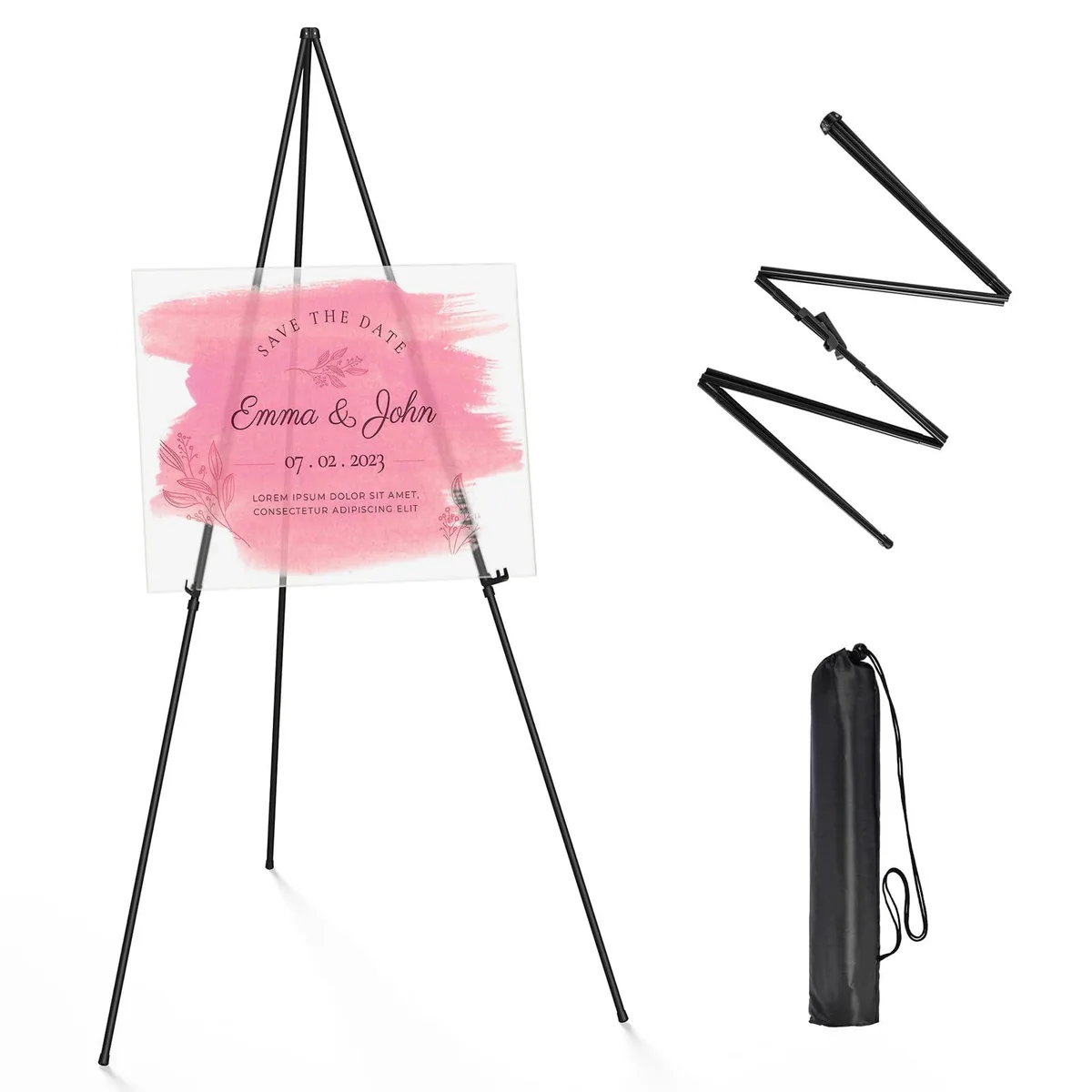 Black metal tripod easel with adjustable plastic clip, rubber feet and carry bag