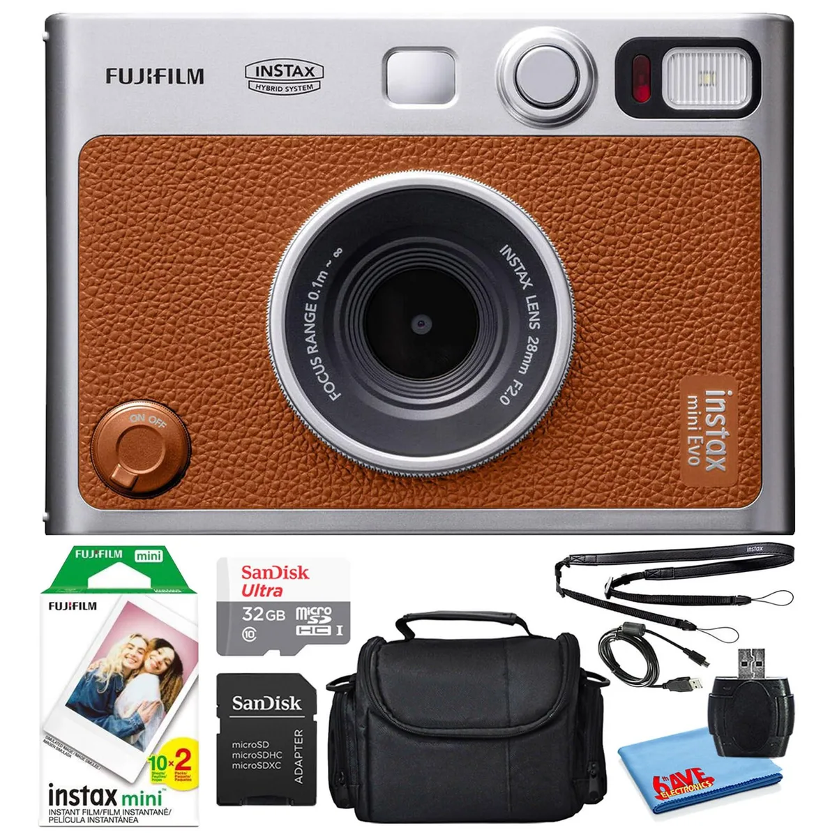 FUJIFILM FUJIFILM Instax Mini EVO Hybrid Instant Camera Brown Bundle with 20 Film Sheets 32GB Card Case Reader Cloth — product photo