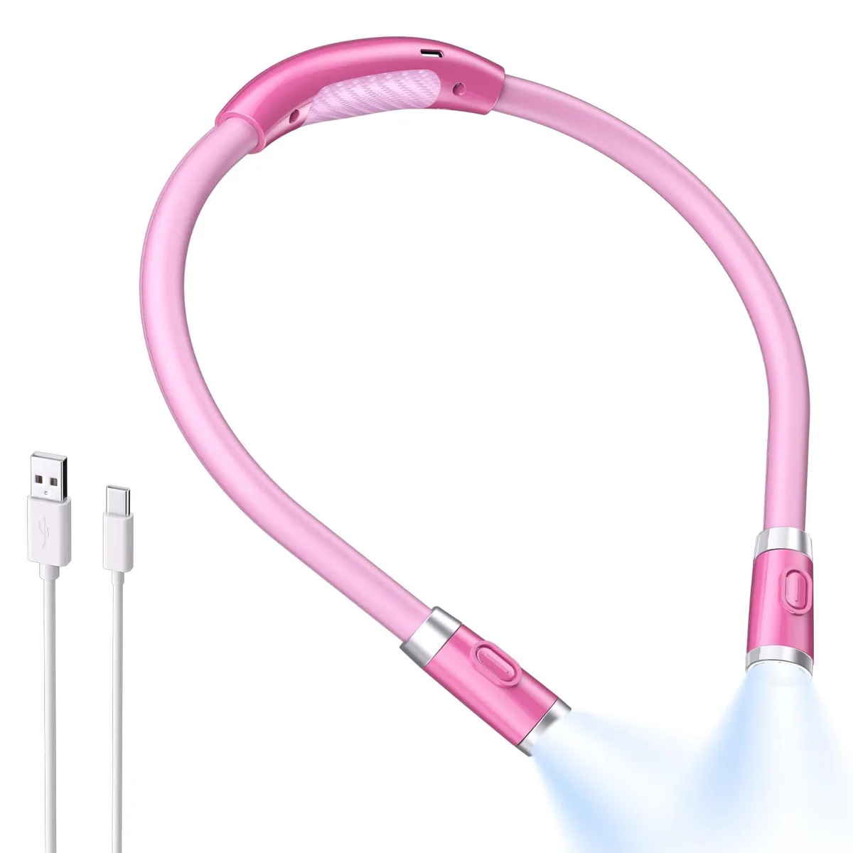 A flexible neck-worn book light with soft silicone arms, three colour modes and six brightness levels