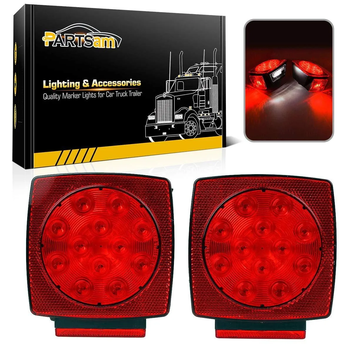 Pair of square red LED trailer lights with white licence illuminator on one unit, black housing, gaskets and screws included