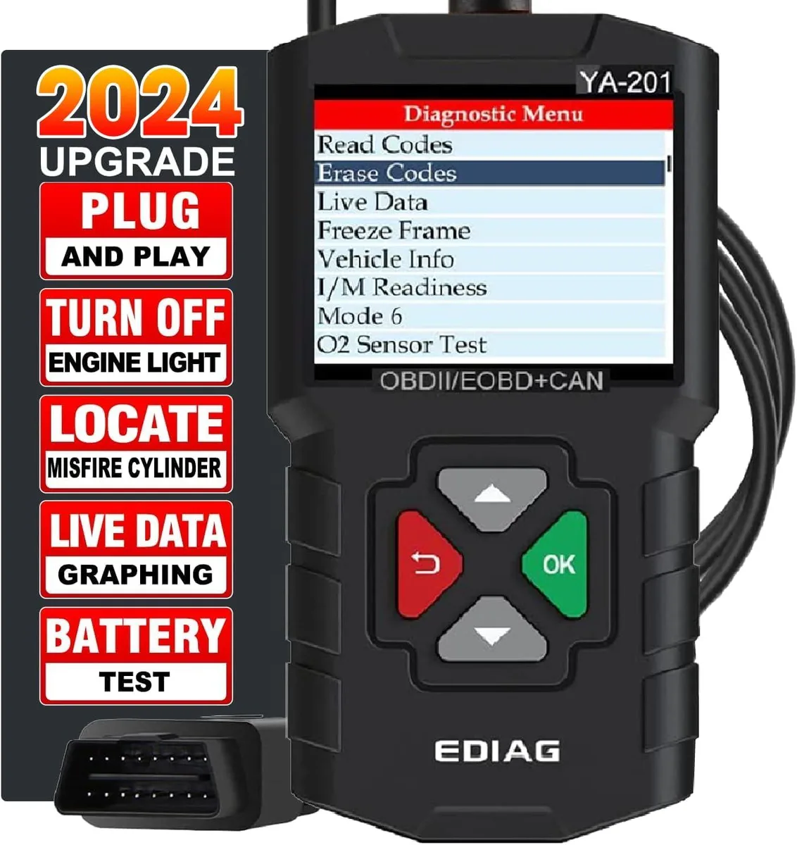 Handheld OBD2 scanner with colour screen and cable attached