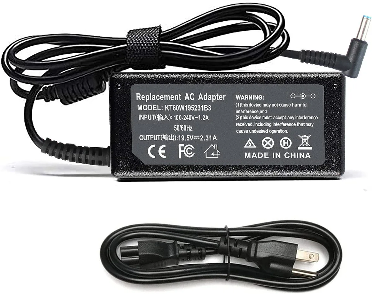 Compact black rectangular AC adapter with 4.5 mm barrel connector and detachable power cord