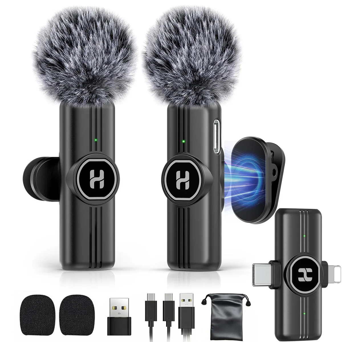 Black wireless lavalier microphone with USB-C receiver and clip-on transmitter