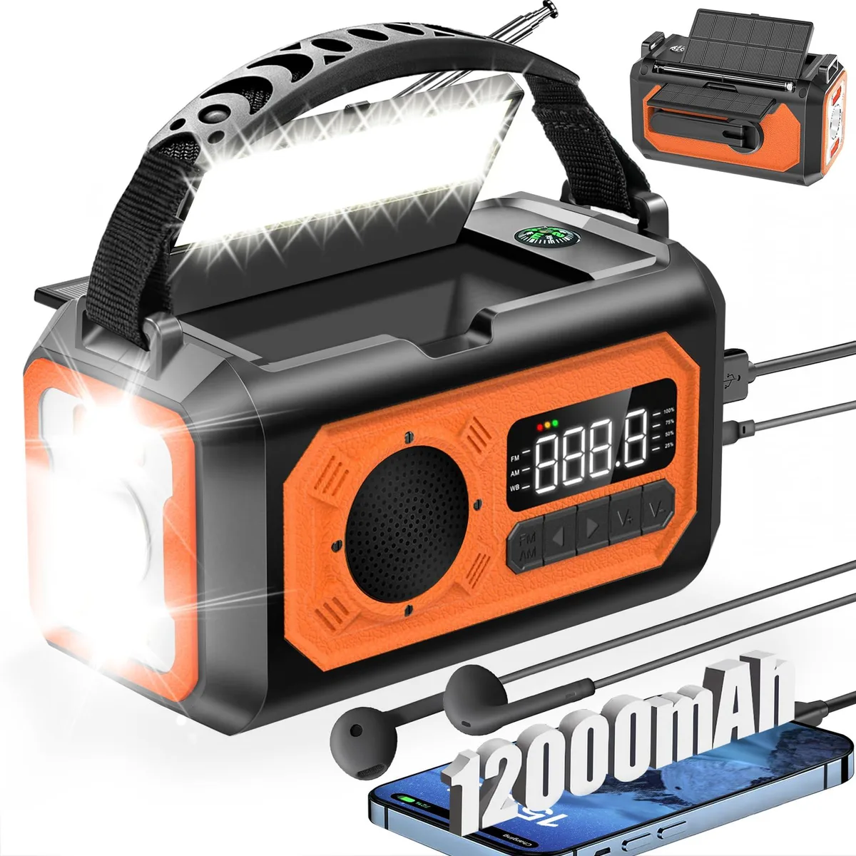Yellow rectangular emergency radio with dual solar panels, hand crank, and flashlight