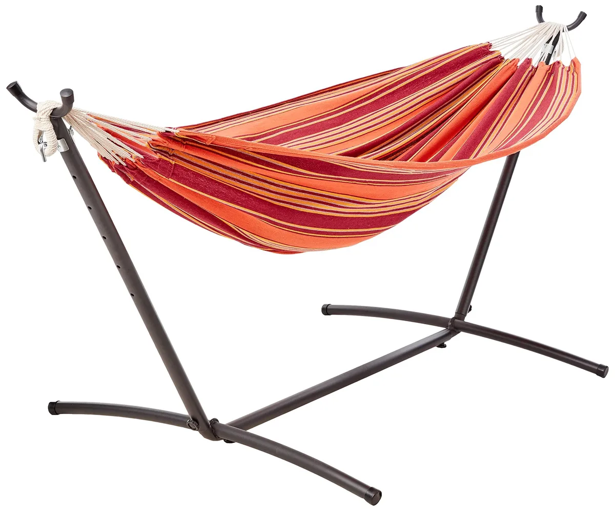 Double hammock with orange-striped fabric on a steel stand, includes carrying case