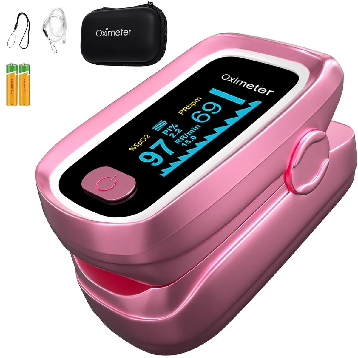 Pink fingertip pulse oximeter with OLED display, carry case and lanyards