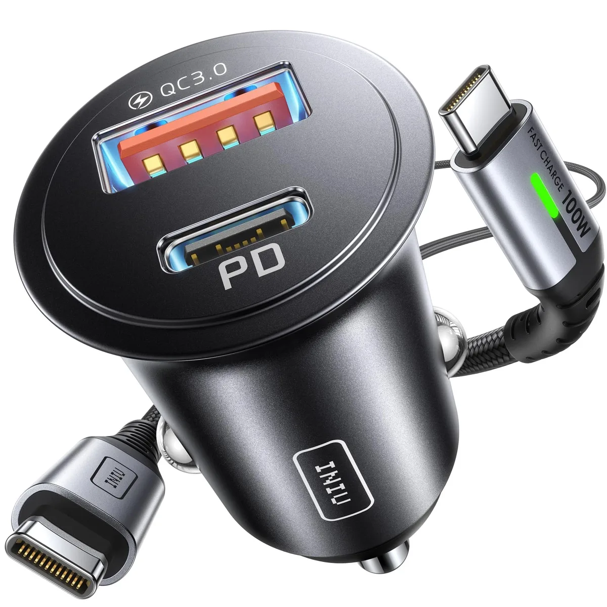Compact black car charger with USB-C and USB-A ports plus braided USB-C cable