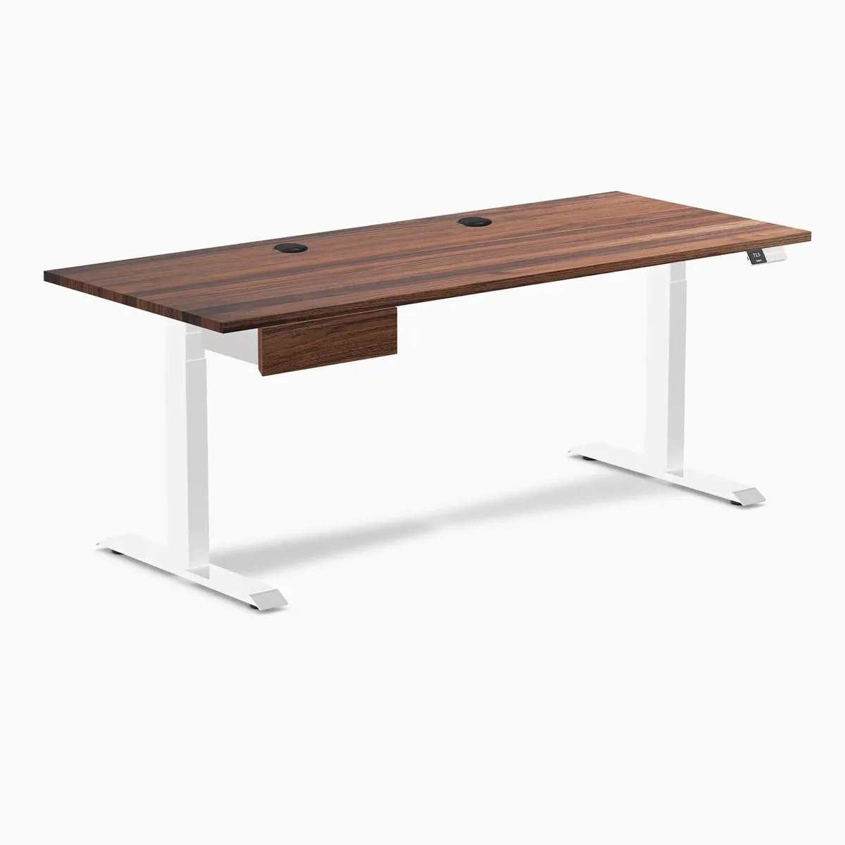 Desky Desky Dual Hardwood Standing Desk Walnut 72 x 30 inches White Frame with Grommets &amp; Drawer — product photo