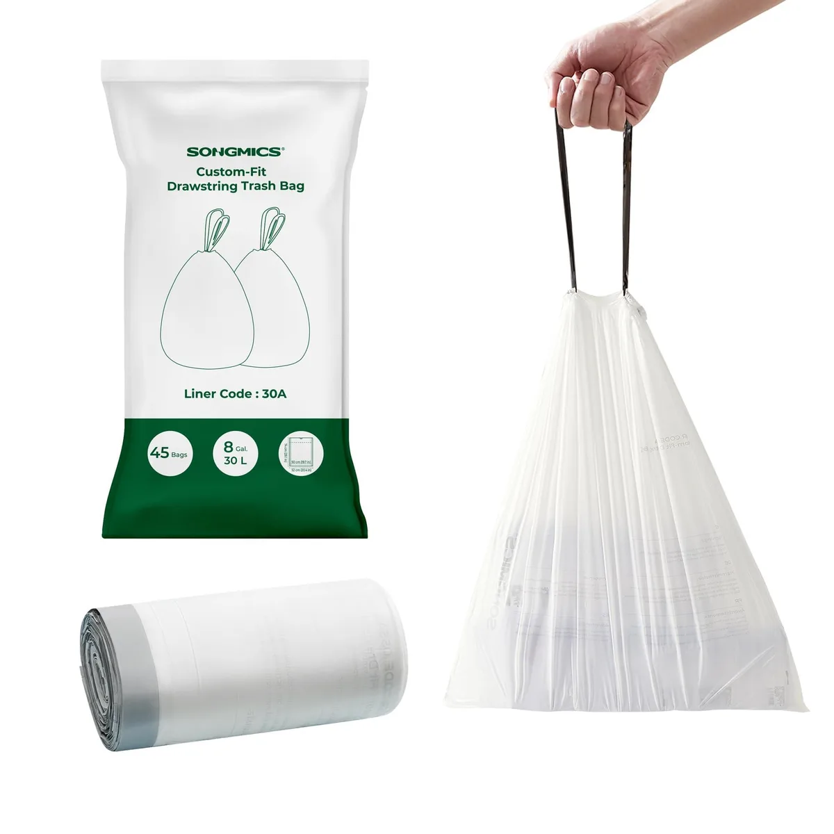 White drawstring trash bags on roll 45 count 8 gallon capacity