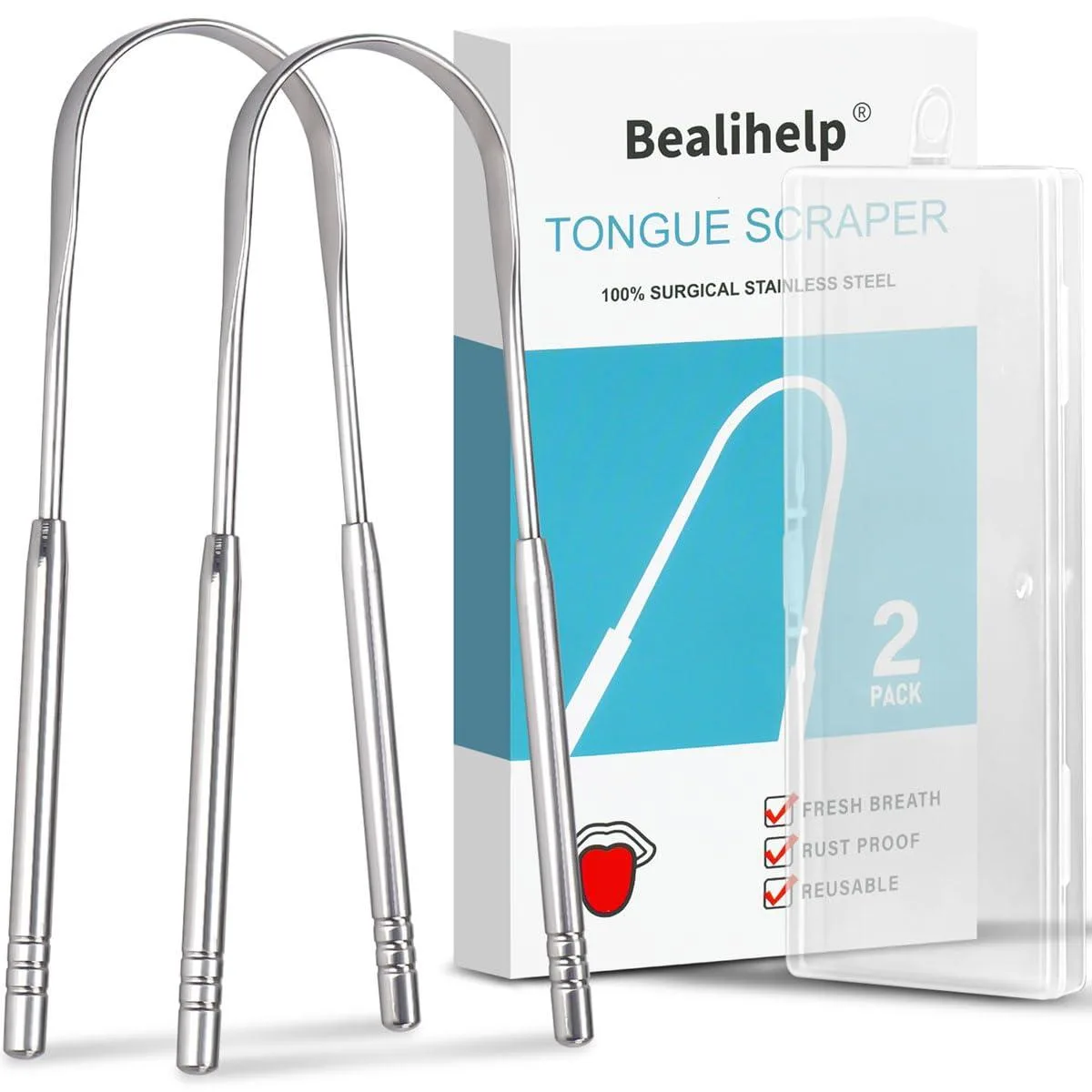Two curved stainless steel tongue scrapers on a light background