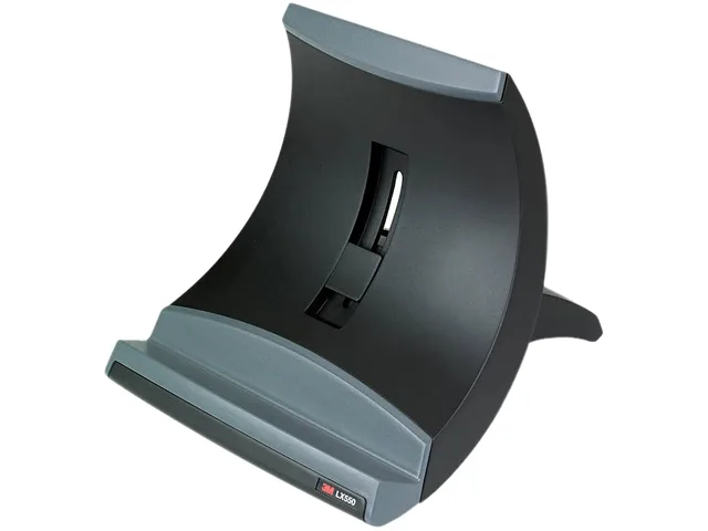 Black vertical notebook riser with height adjustment and cable management