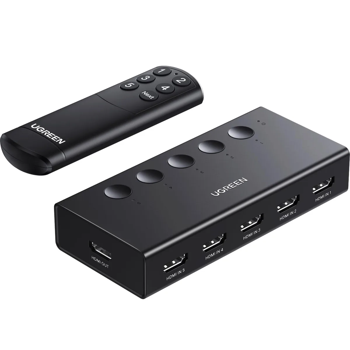 Black rectangular HDMI switch with five input ports and remote control