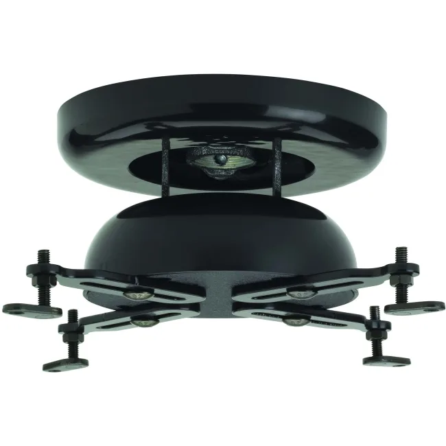Black ceiling projector mount with tilt and swivel arms, decorative cover concealing hardware