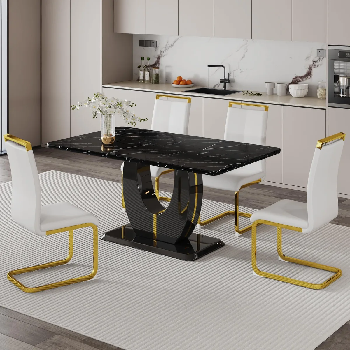 Sumdeal Sumdeal 63" Black Faux Marble 7-Piece Dining Set with 6 White C-Shaped Chairs Golden Legs — product photo