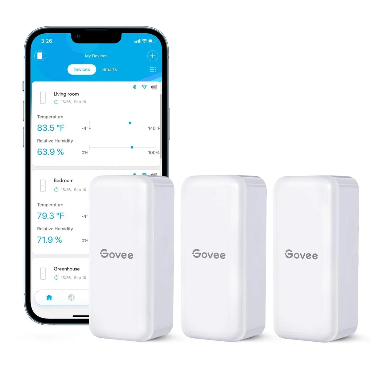 Three small yellow Bluetooth sensors with digital displays