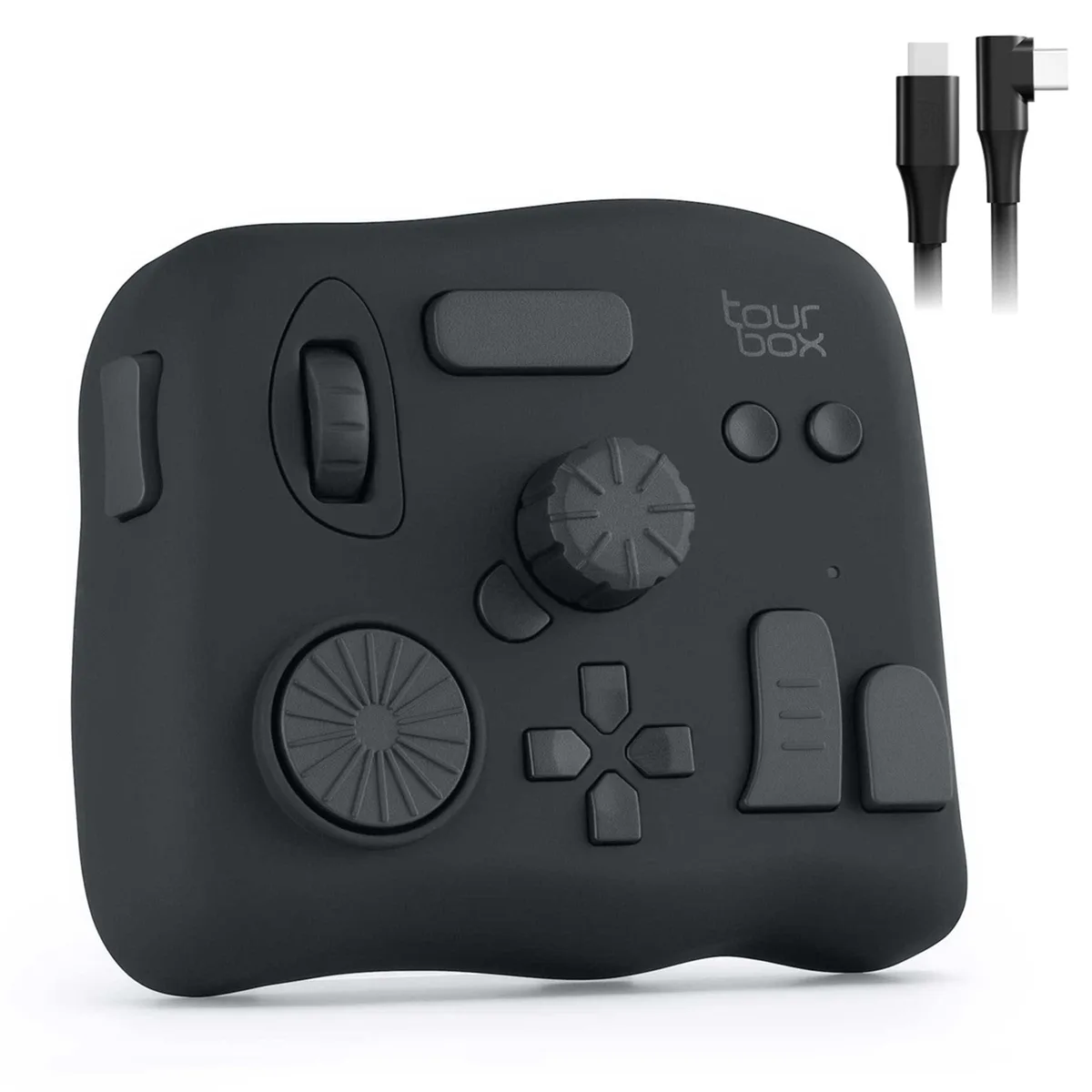 Compact wired editing controller with textured knobs and programmable buttons on a matte black base