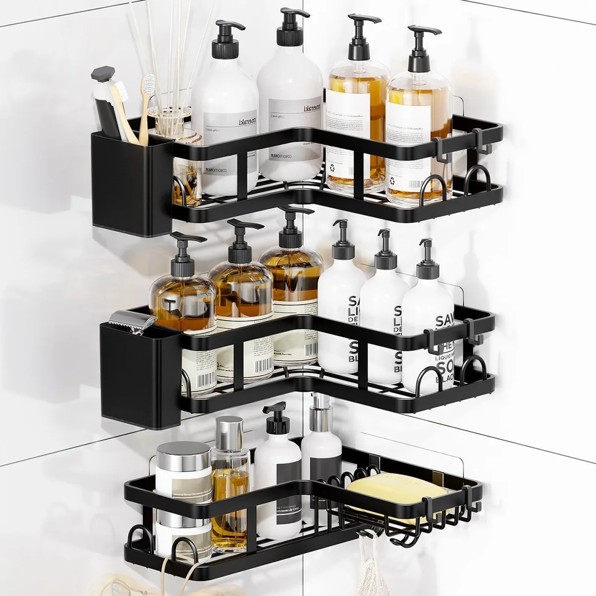 Three corner shower shelves in antique white finish, wall-mounted without tools