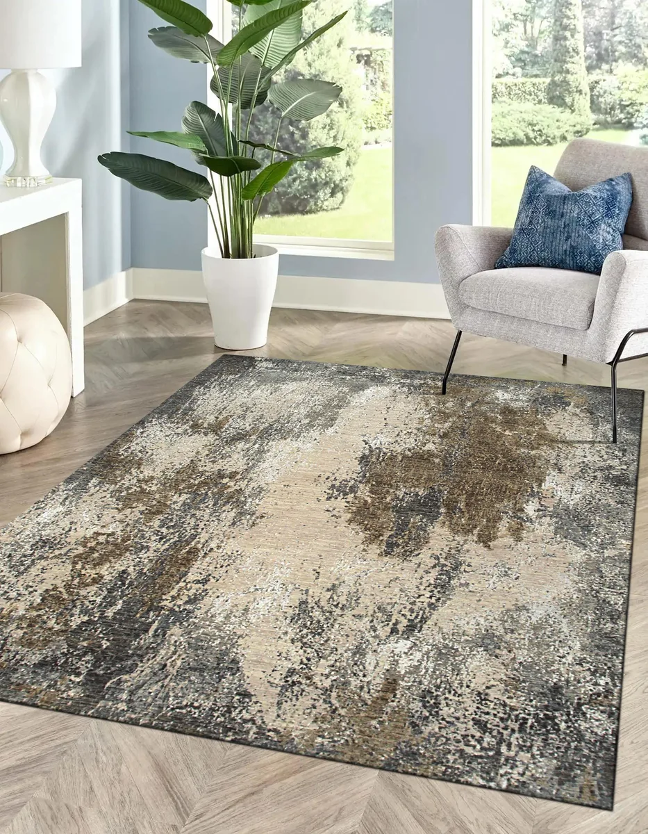 Hand-knotted wool rug in light grey abstract galaxy pattern, high-low texture, made in India