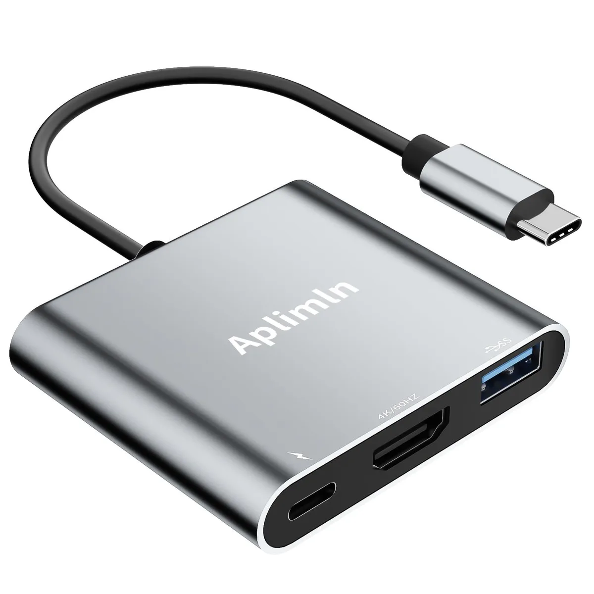 Compact silver USB-C hub with HDMI, USB-A and PD ports