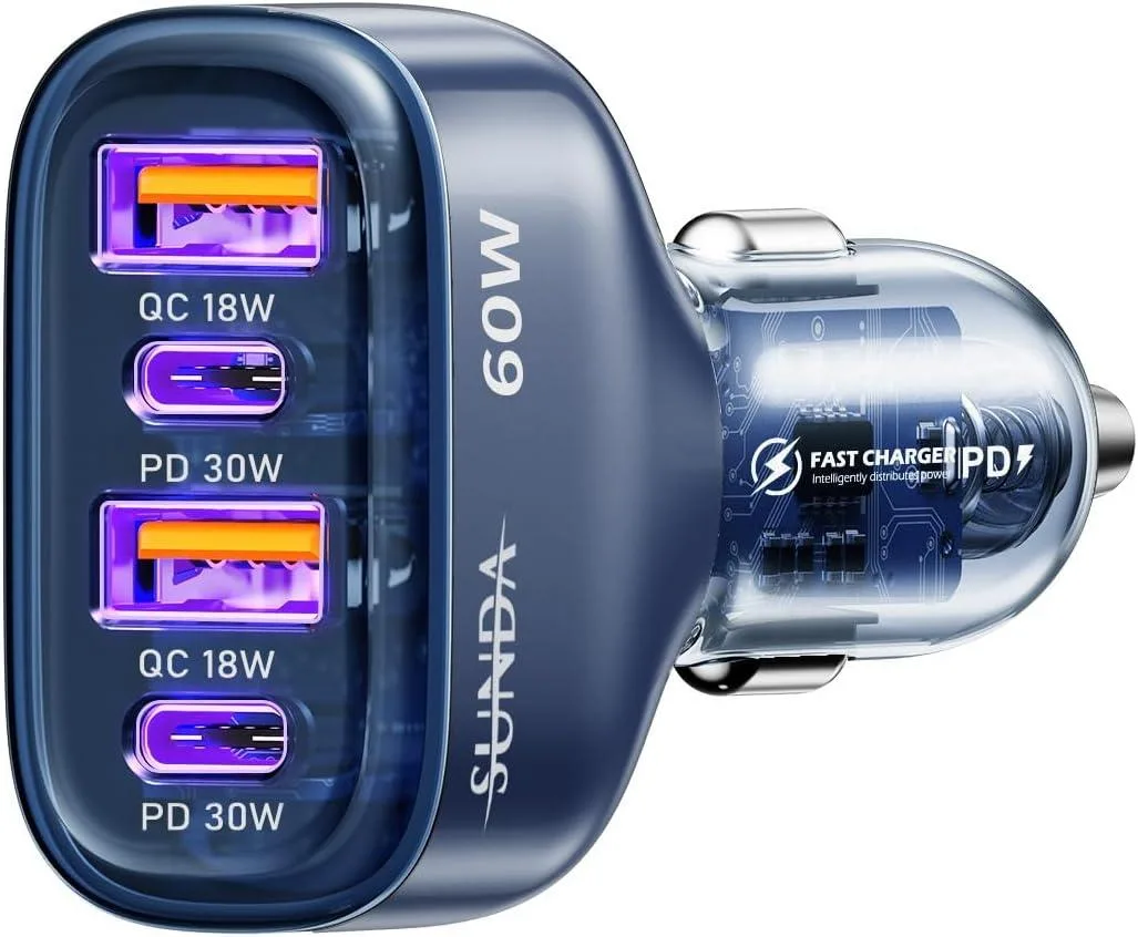Leelbox Leelbox 60W 4-Port Car Charger Dual USB-C PD30W PPS30W Dual USB-A QC3.0 Blue — product photo
