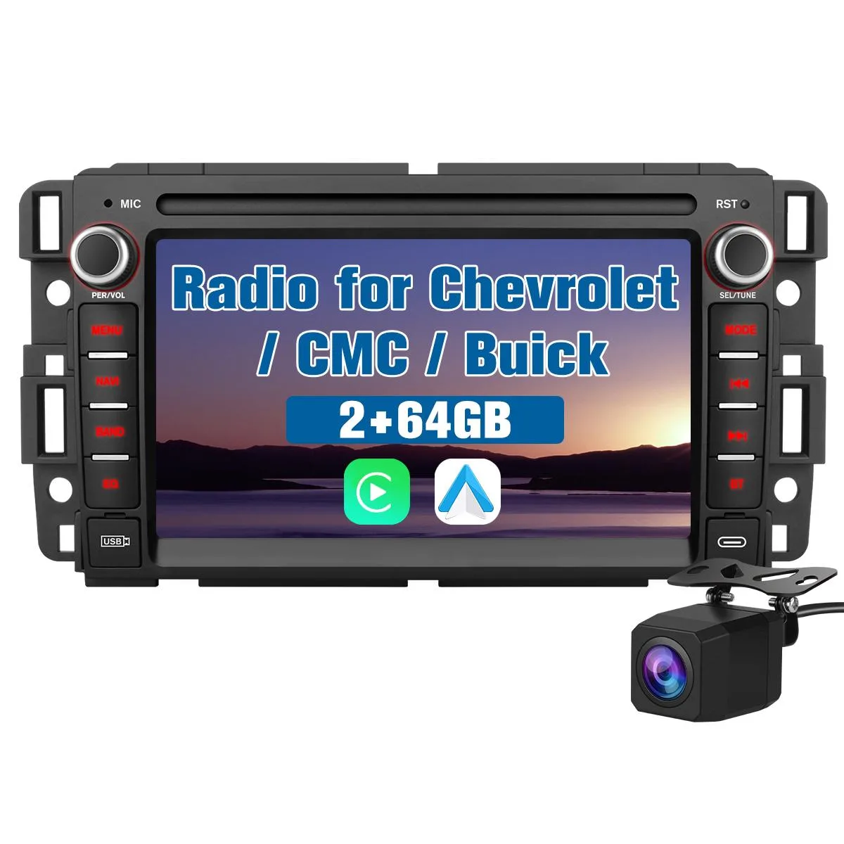 Black rectangular car stereo head unit with a 7 inch touchscreen display
