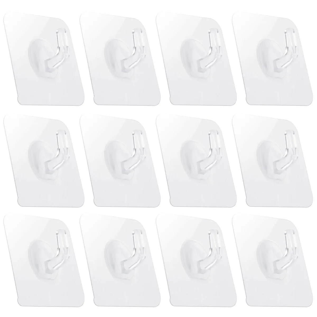 Twelve clear plastic adhesive hooks in a bag