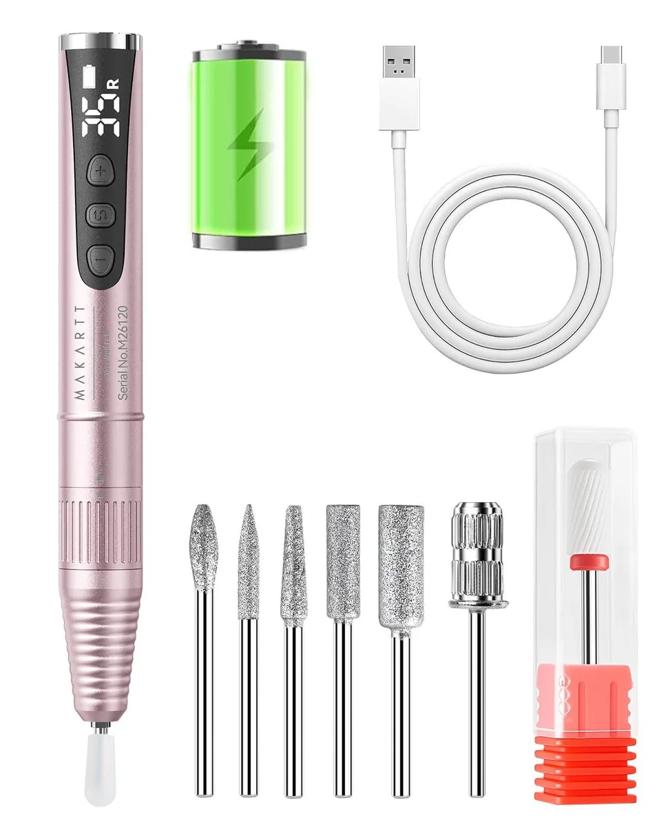 Pink cordless nail drill pen, lightweight 0.12 lbs, 35000 RPM, rechargeable battery