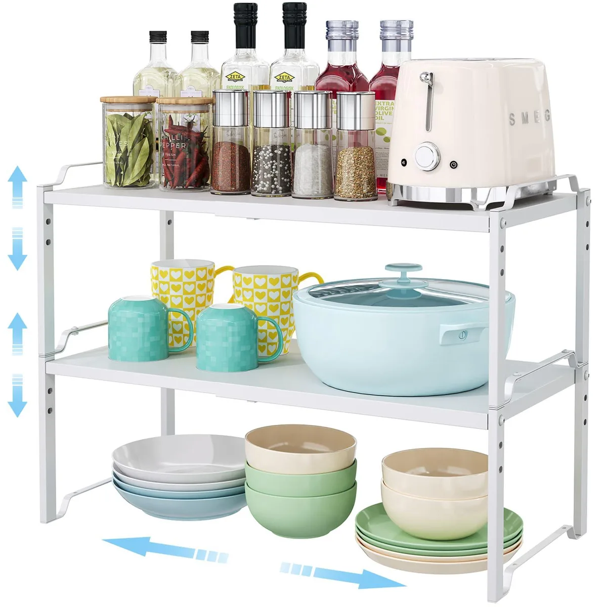 Two red expandable plastic shelves with rounded edges, 11 inches wide, stacked on a countertop