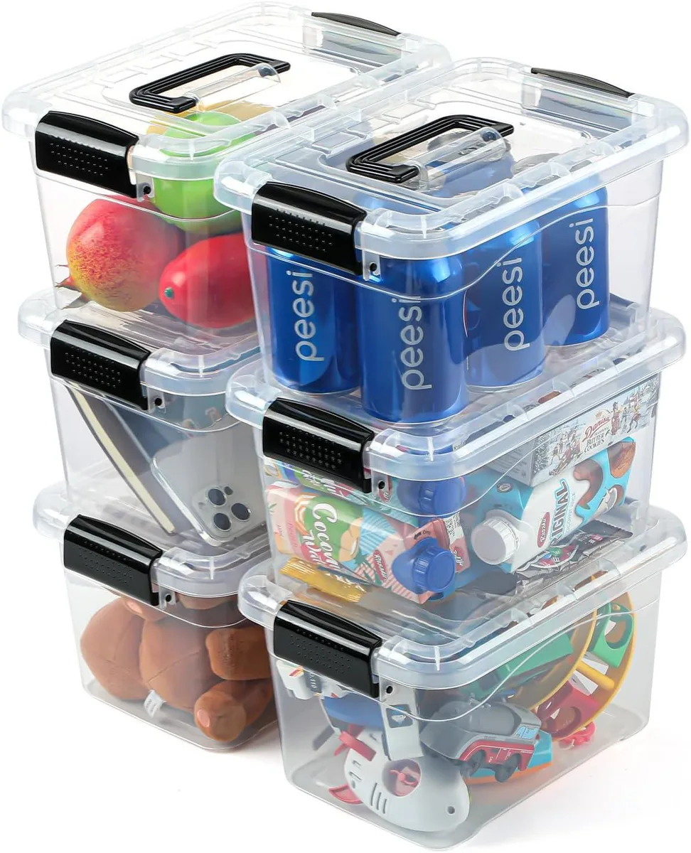 Black rectangular plastic storage bin with clear lid, buckle latches and carry handle, 6.2 quart capacity
