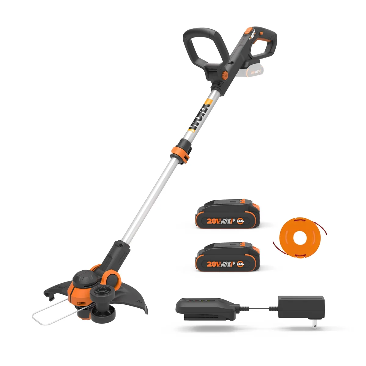 Orange and black cordless grass trimmer with 12 inch cutting head, adjustable handle, support wheels and two 20V batteries