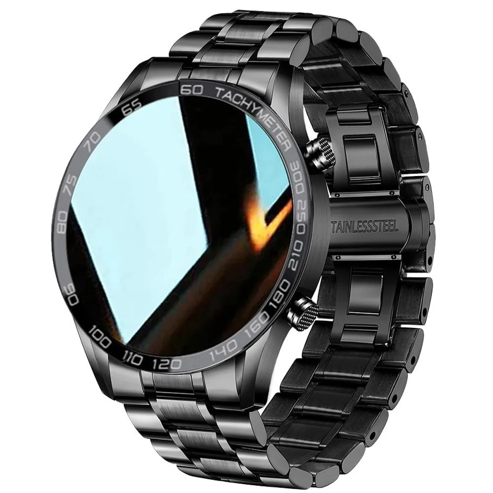 Black smartwatch with 1.3 inch touchscreen and stainless steel strap