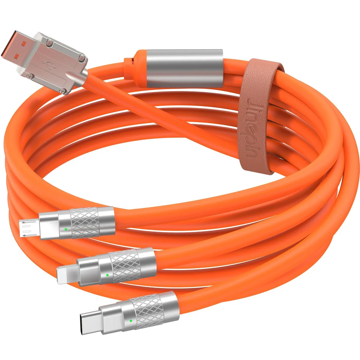 Orange 3-in-1 charging cable with Type-C, Micro USB and iOS tips, leather strap, 4 ft