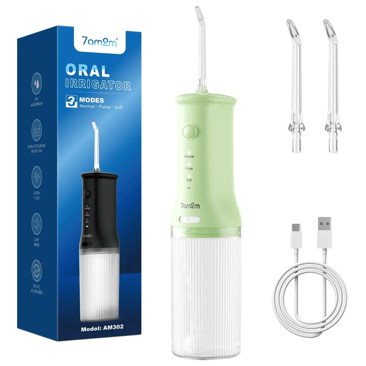 Cordless water flosser in green with 220ml tank and 360° rotatable nozzle