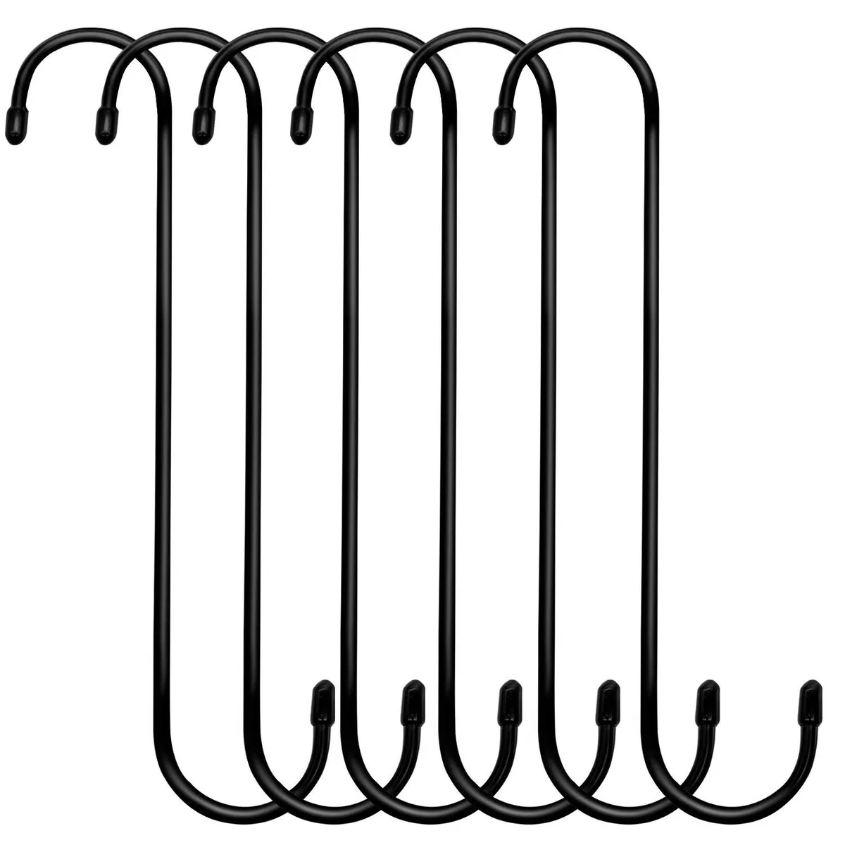 Six black steel S hooks ten inches long with rubber caps