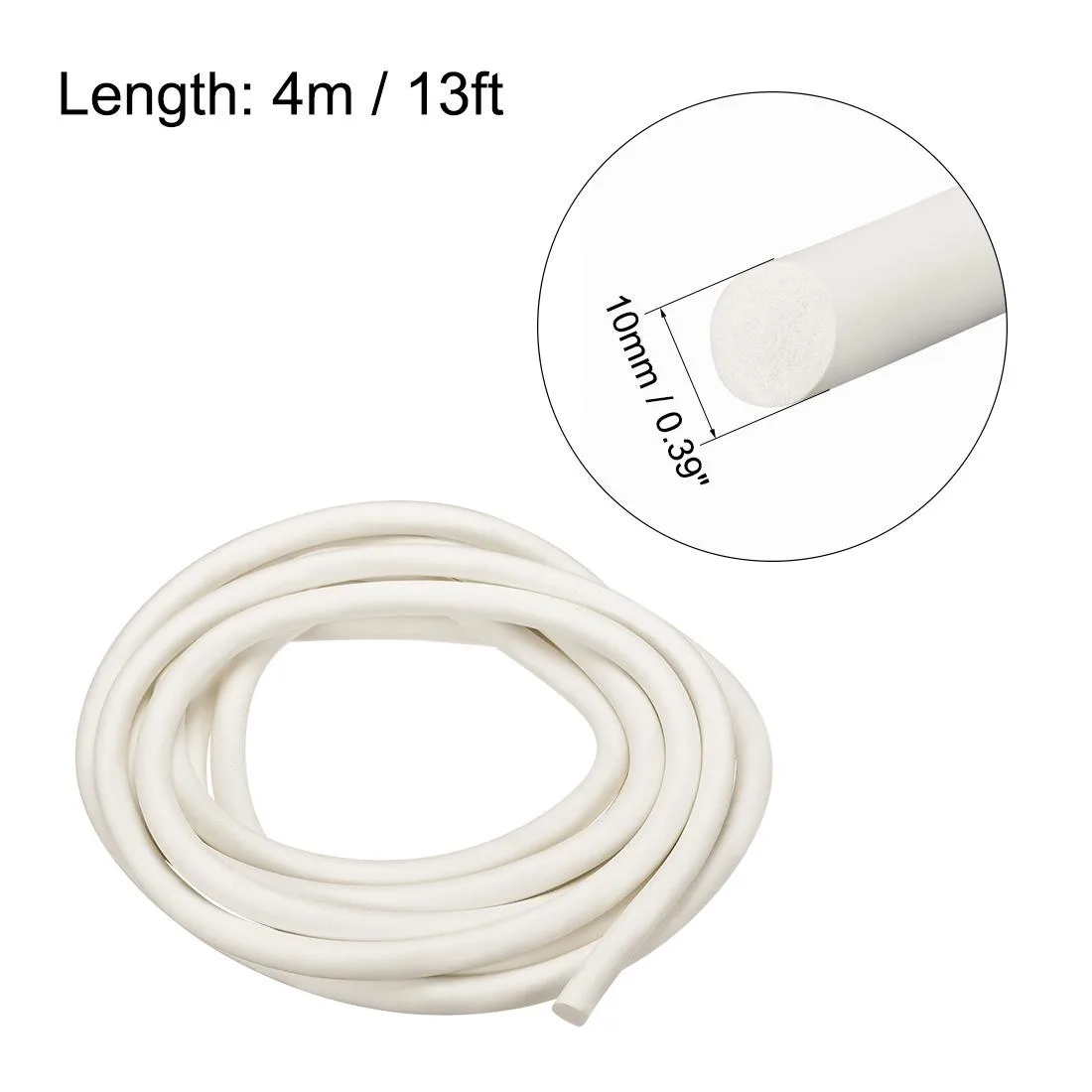 Pale cylindrical silicone foam cord, ten millimetres thick, thirteen feet coiled