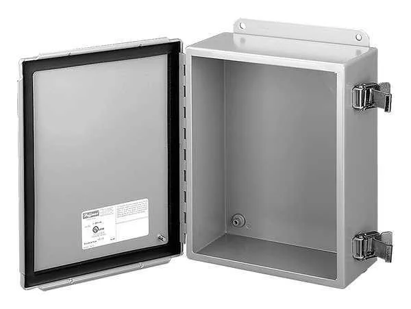 Gray powder-coated carbon steel wall-mount enclosure with hinged solid cover and quick-release latches