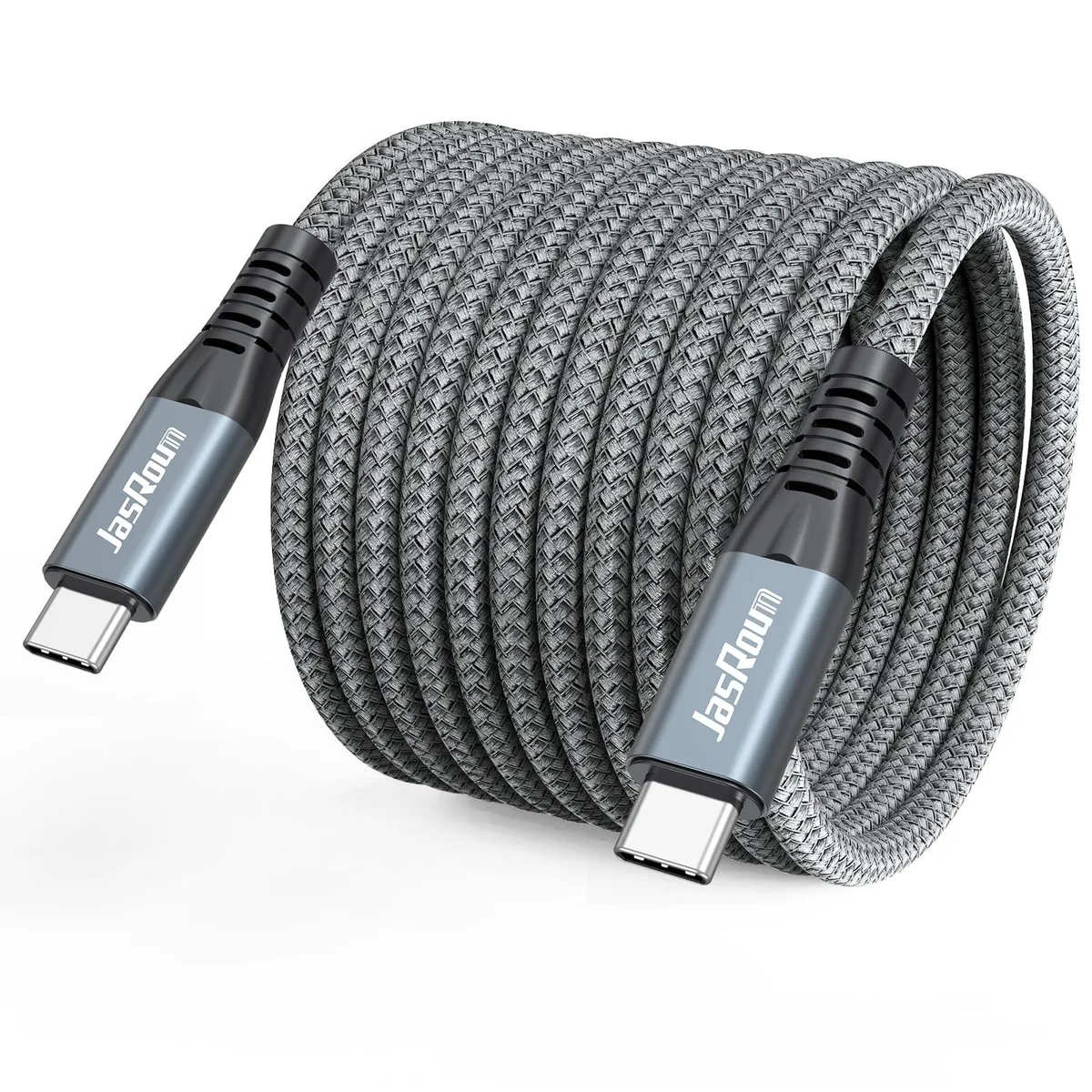 Grey 15-foot USB-C to USB-C cable with slim aluminium connectors and hook-and-loop tie