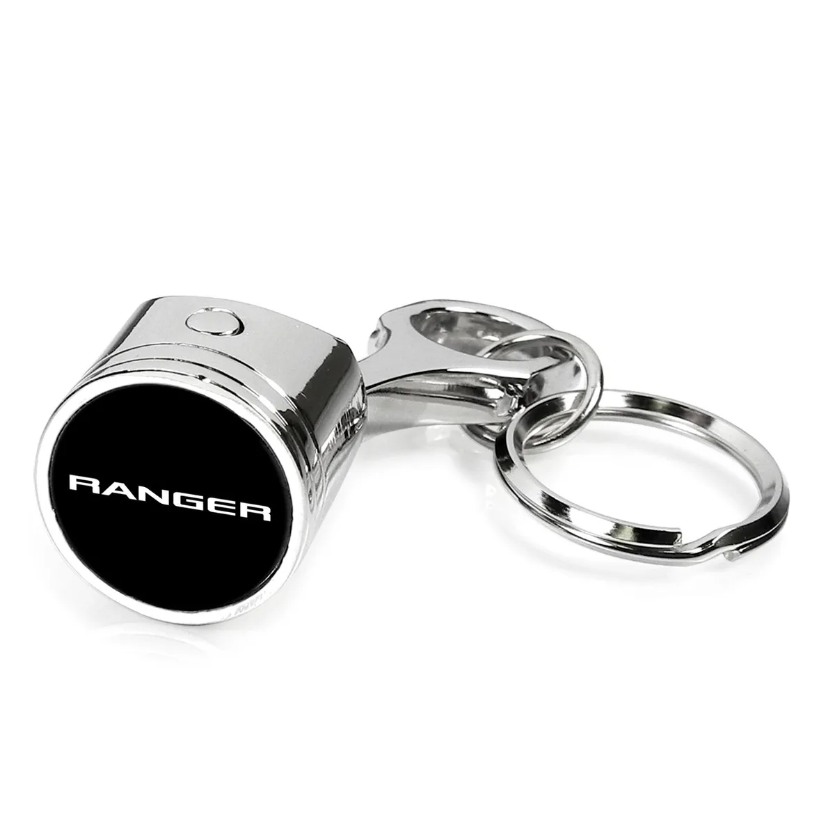Chrome metal key chain shaped as a miniature engine piston and connecting rod with a domed Ford Ranger logo