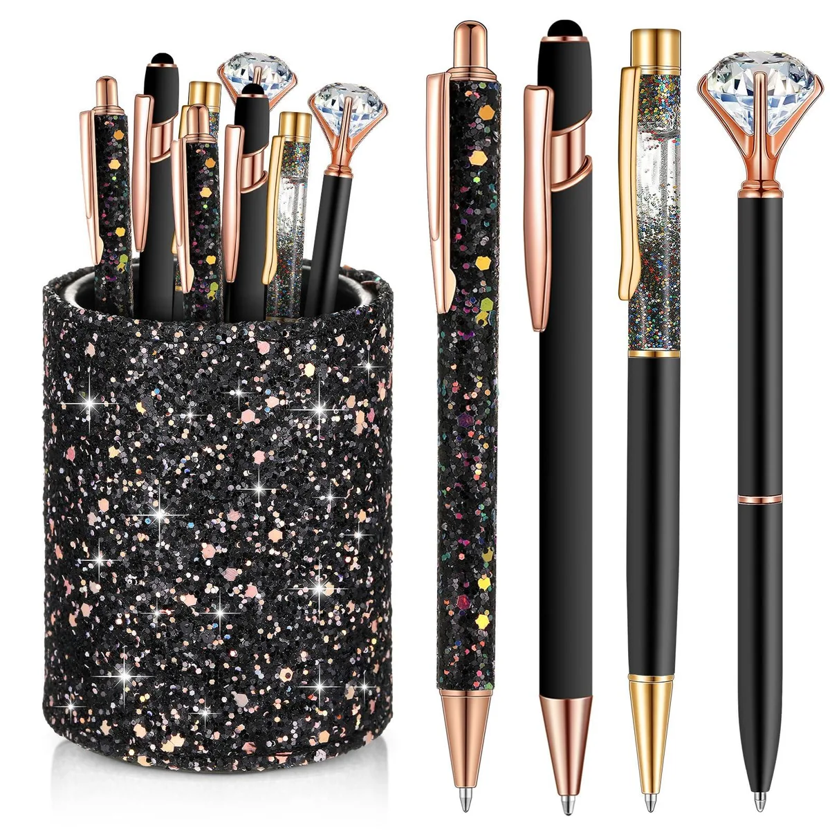 Black faux-leather pen holder with eight black ballpoint pens inside