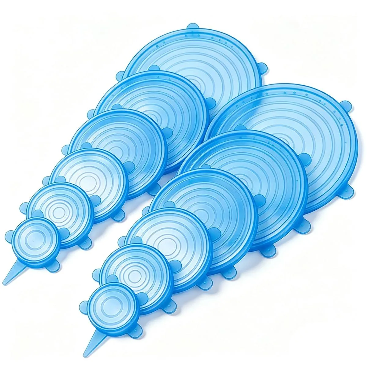 Set of 12 blue silicone stretch lids, various sizes, stacked flat