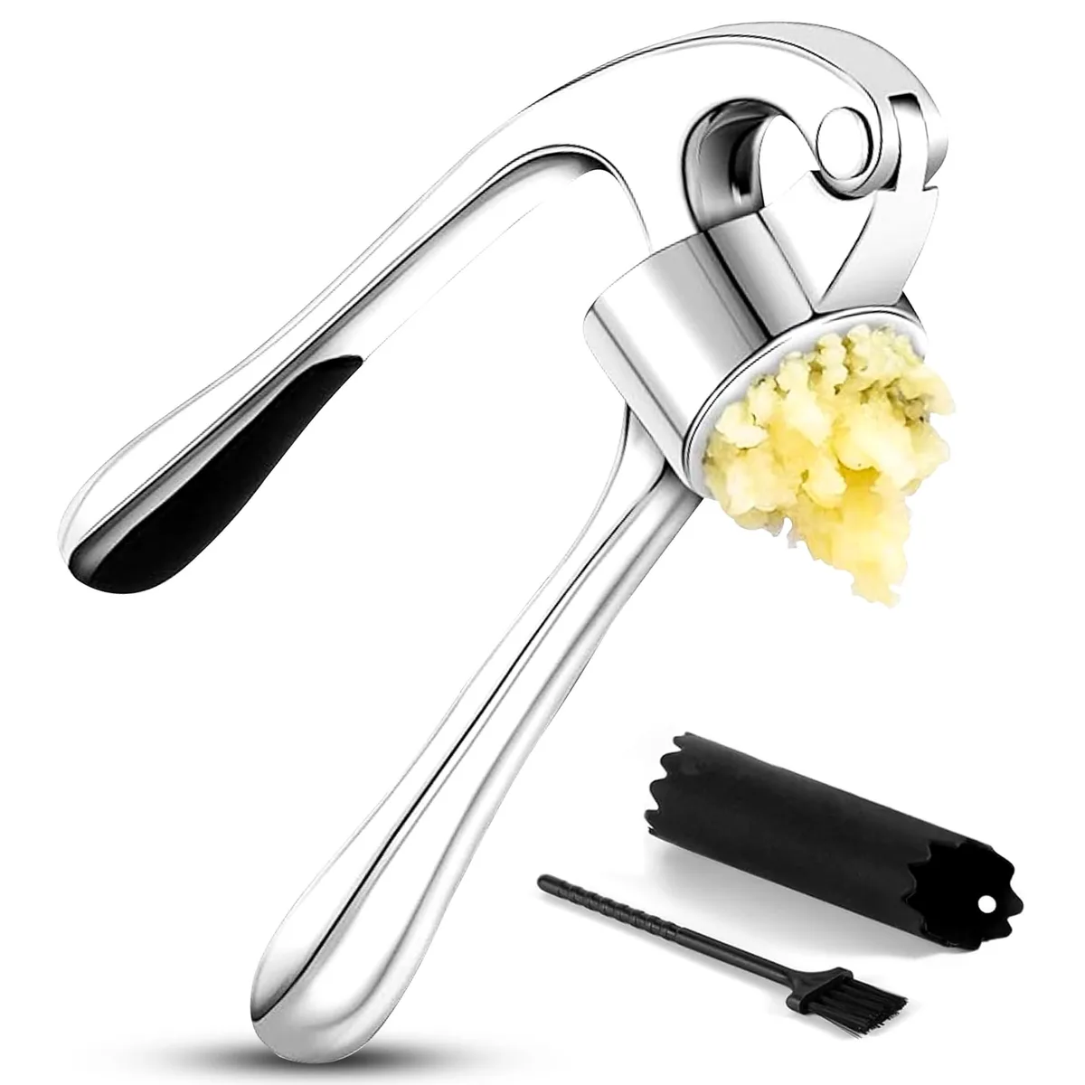 Stainless steel garlic press with ergonomic handles, silicone peeler and cleaning brush