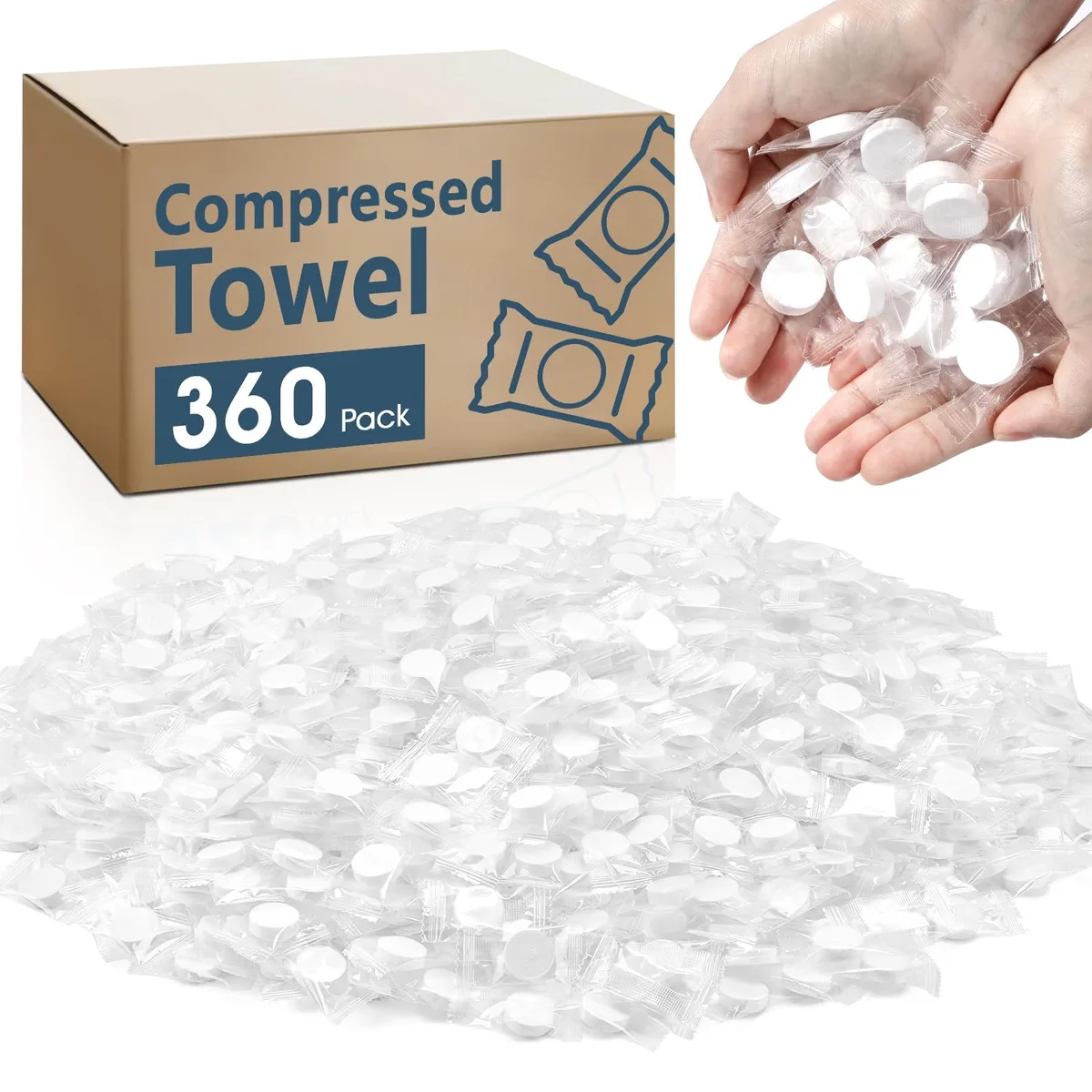 A white cardboard box containing 360 individually wrapped compressed towel tablets