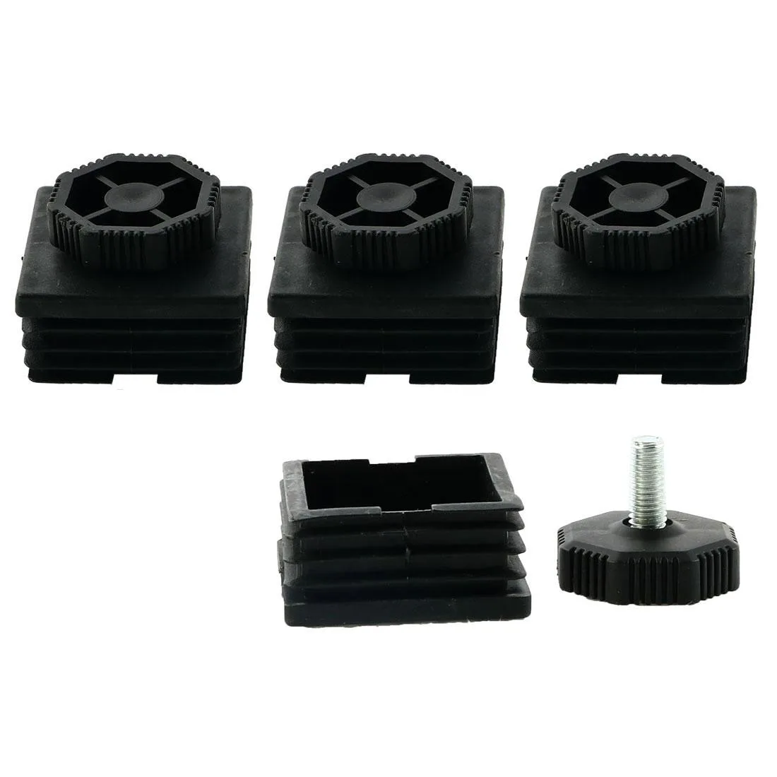 Four adjustable leveling feet with 50mm square tube inserts and plastic bases