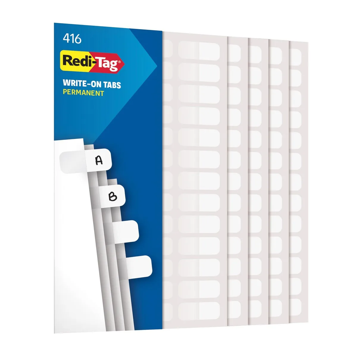 White plastic write-on index tabs in a rectangular pack