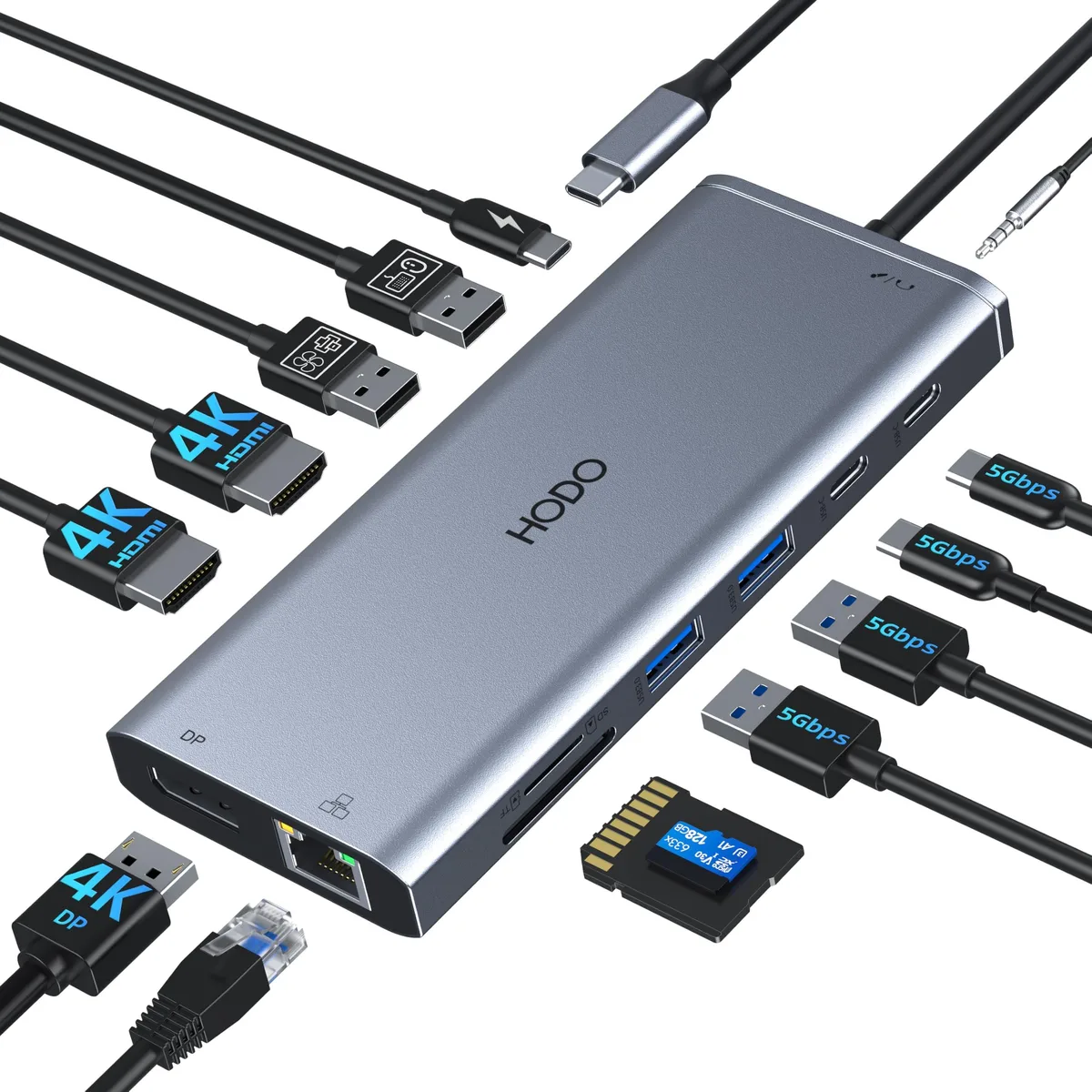 Compact grey docking station with multiple ports on both sides