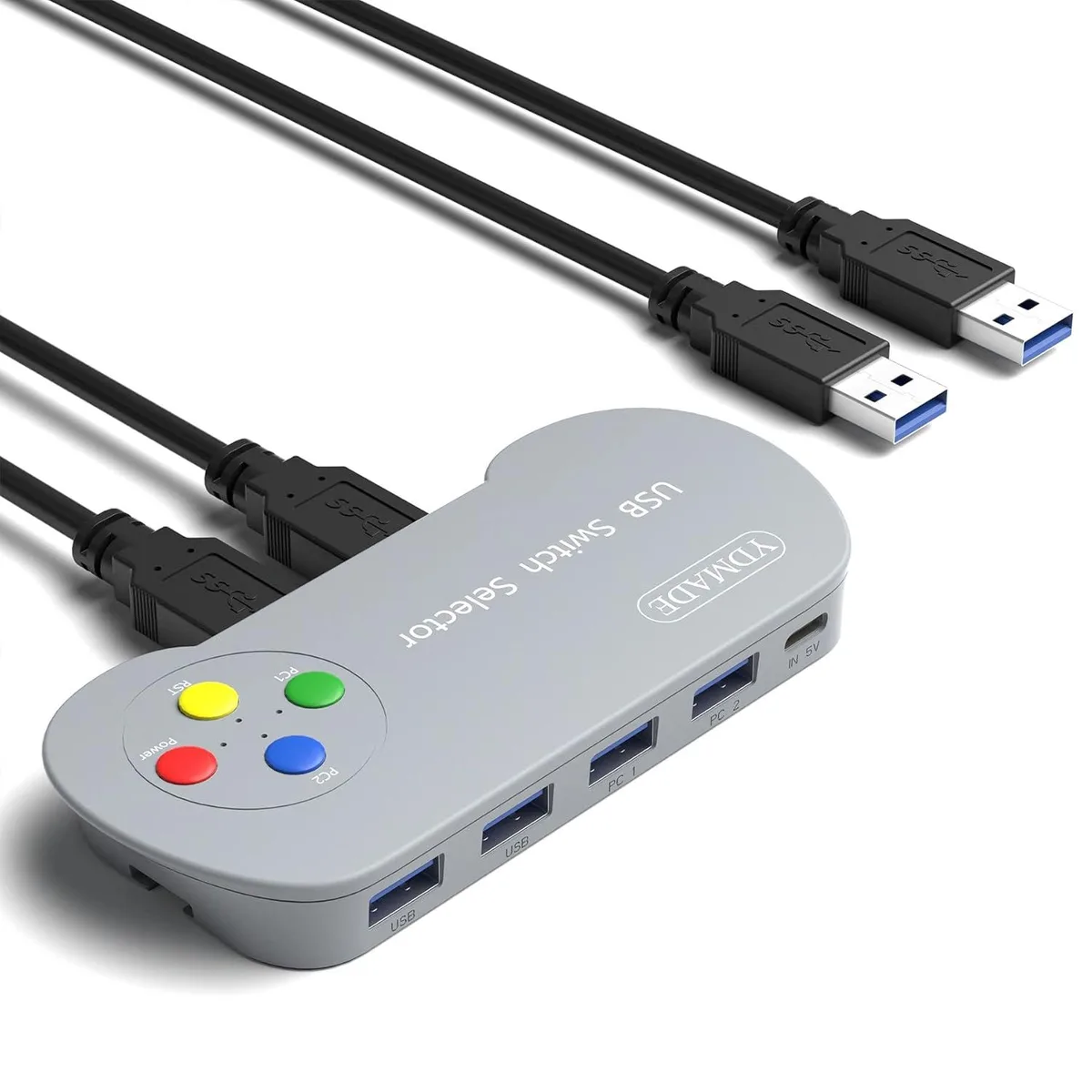 Compact USB 3.0 KVM switch with slideway, four ports, two host buttons, LED indicators