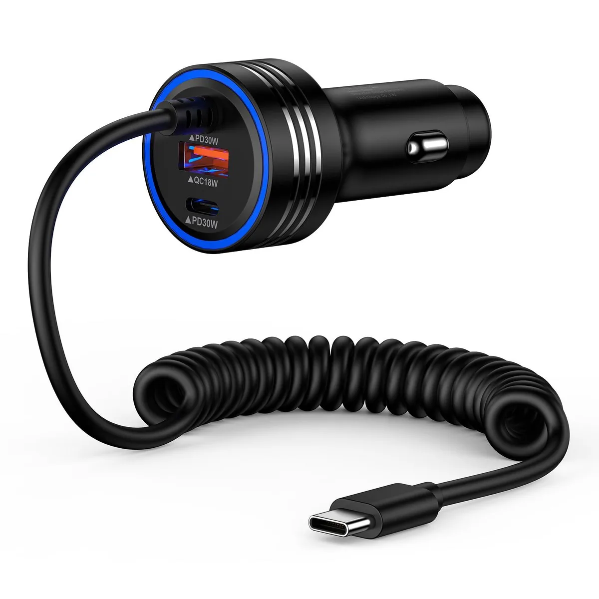 ANDHOT 78W three-port car charger with built-in coiled USB-C cable, matte black finish