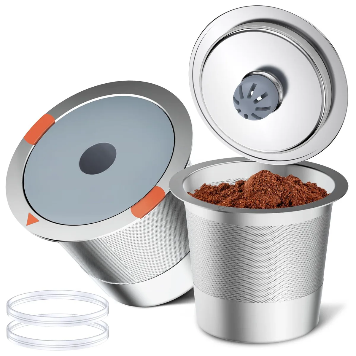 Small silver stainless steel reusable K-Cup pod with mesh basket and lid