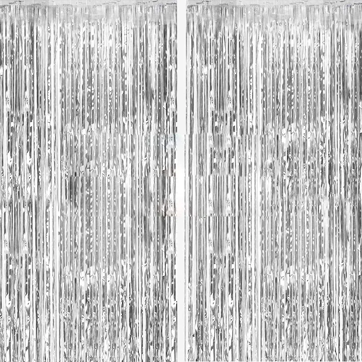 Two silver foil fringe curtains, each 40 by 60 inches, shiny metallic finish